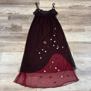 Claire Pettibone Burgundy Sheer Mesh Maxi Dress Floral Appliqué Fairycore Large